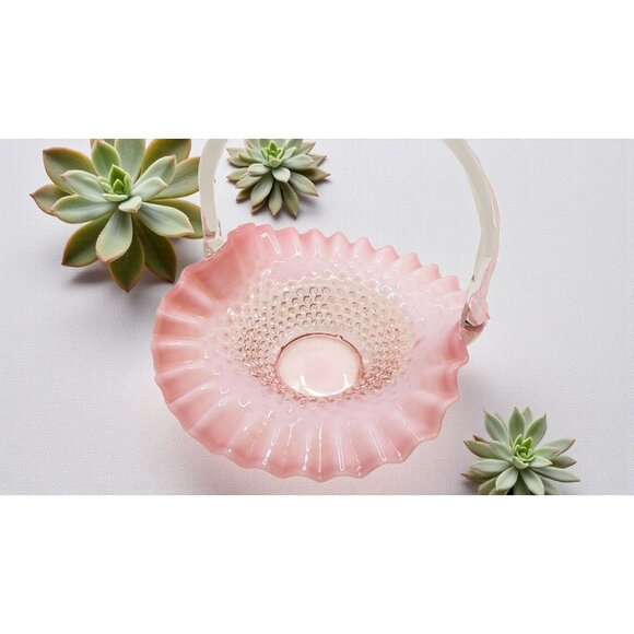 vintage 1950''s Fenton large ruffled cranberry hobnail opalescent basket, 10", E - Picture 4 of 10